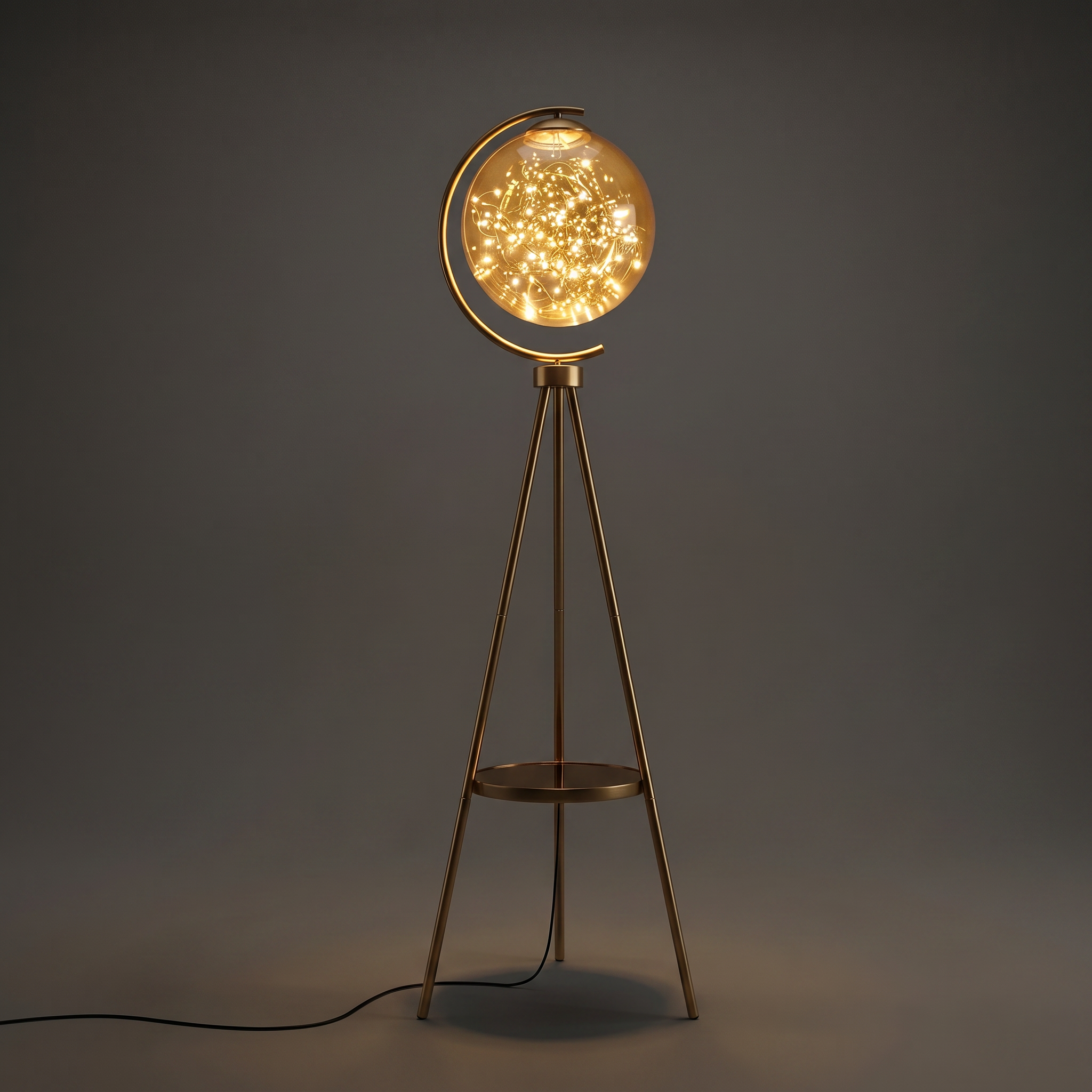 white bg on Proudome Modern Gold Tripod Floor Lamp with Fairy LED Lights| Glass Globe Decorative Standing Light for Living Room & Bedroom - Image 1