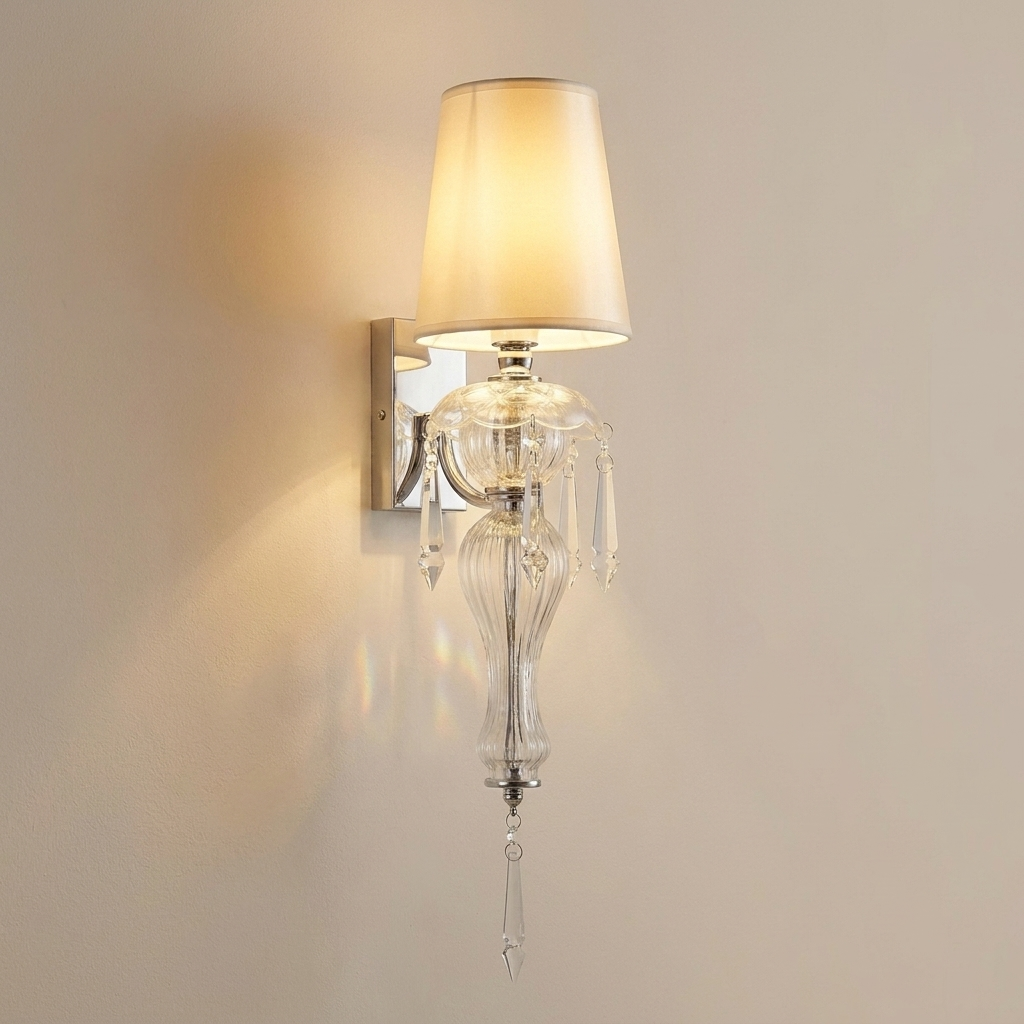 download - 2026-06-05T153911.185 Proudome Decorative Glass Wall Light with Fabric Shade | Luxury Crystal Accent Wall Lamp (Bulb Not Included) - Image 1