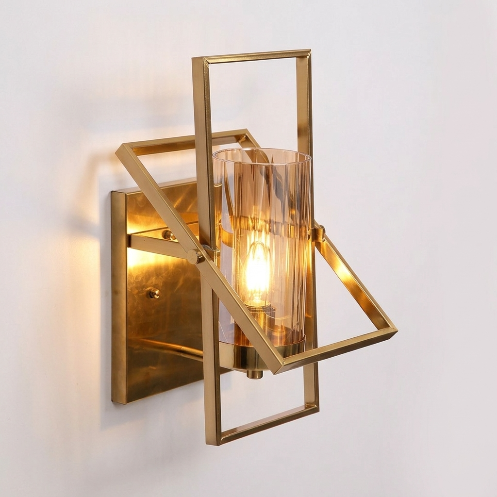 image 4 Proudome Modern Amber Glass Wall Light with Geometric Gold Frame (Bulb Not Included) - Image 1