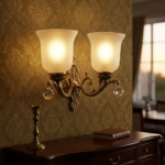 Proudome Antique Brass Double Wall Light with Frosted Glass & Crystal Hanging | Luxury Vintage Wall Lamp (Bulb Not Included) - Image 3