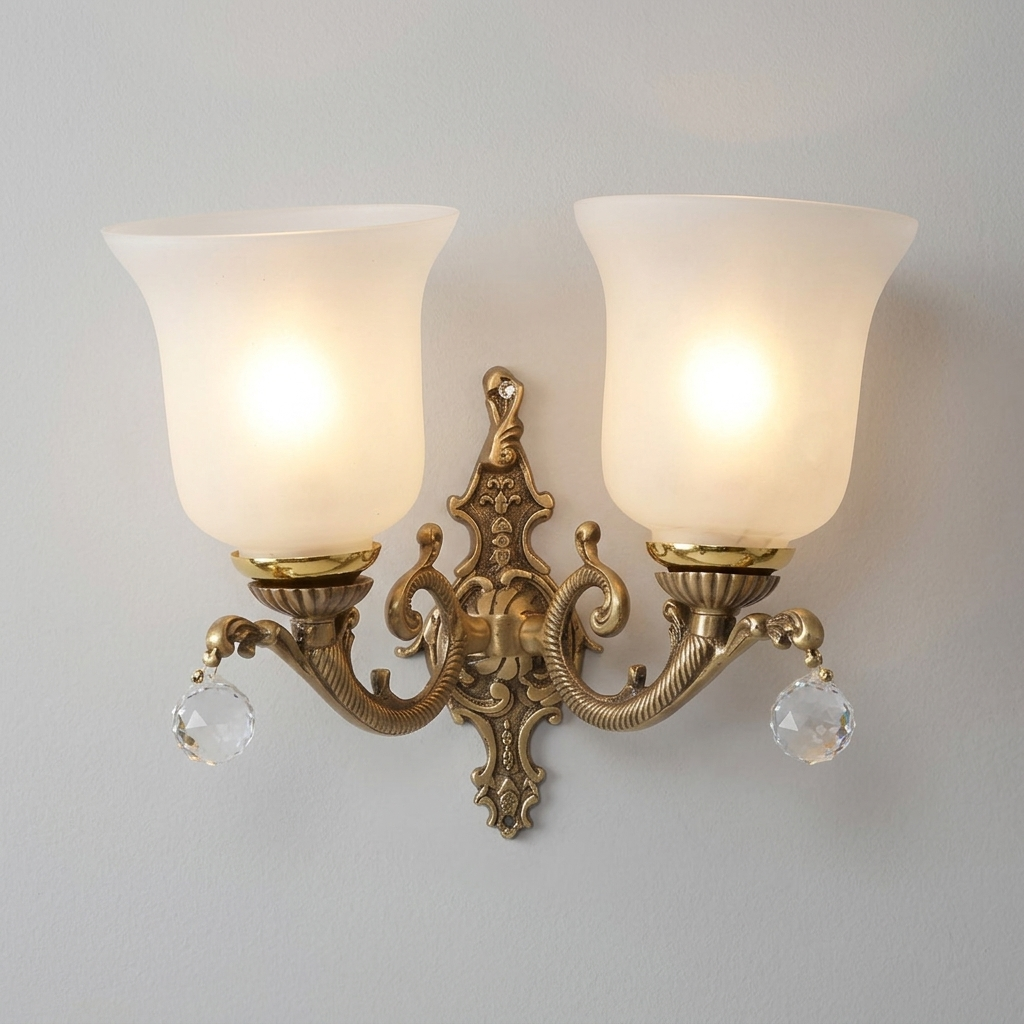 download - 2026-05-11T141904.685 Proudome Antique Brass Double Wall Light with Frosted Glass & Crystal Hanging | Luxury Vintage Wall Lamp (Bulb Not Included) - Image 1