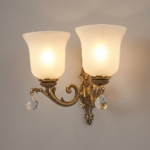 Proudome Antique Brass Double Wall Light with Frosted Glass & Crystal Hanging | Luxury Vintage Wall Lamp (Bulb Not Included) - Image 4