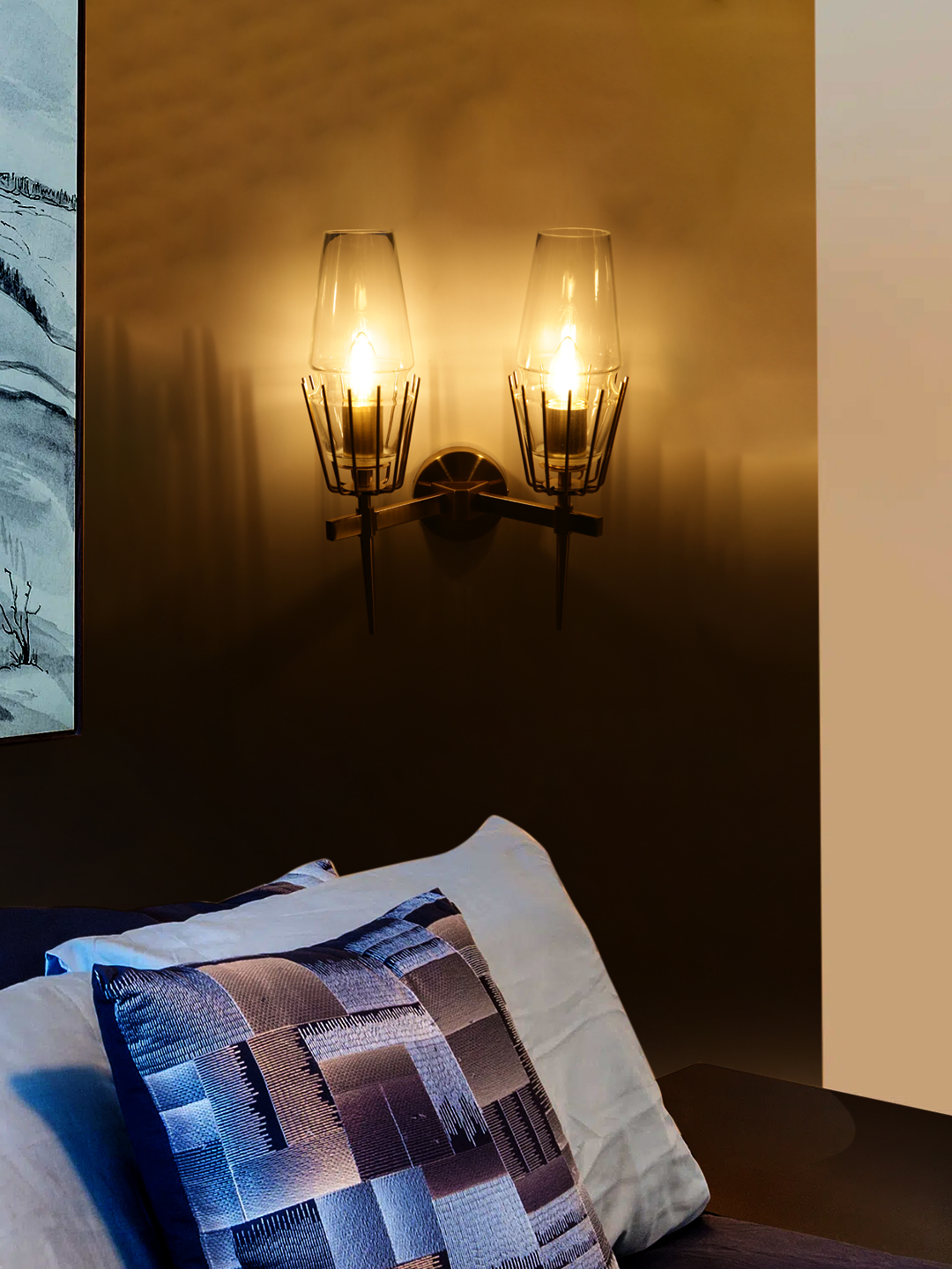 PHWL-22-0149 Two Clear Glass Holders Wall Lamp (Bulb Not Included) - Image 1