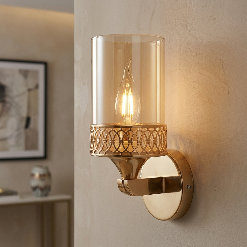download - 2026-05-25T154703.112 Proudome Amber Glass Wall Light – Luxury Gold Decorative Wall Lamp for Modern Interiors (Bulb Not Included) - Image 1