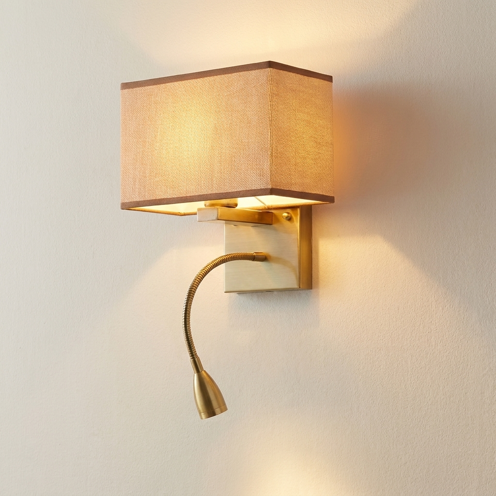 download - 2026-06-10T121400.243 Proudome Fabric Shade Wall Light with LED Reading Light | Modern Gold Bedside Wall Lamp (Bulb Not Included) - Image 1
