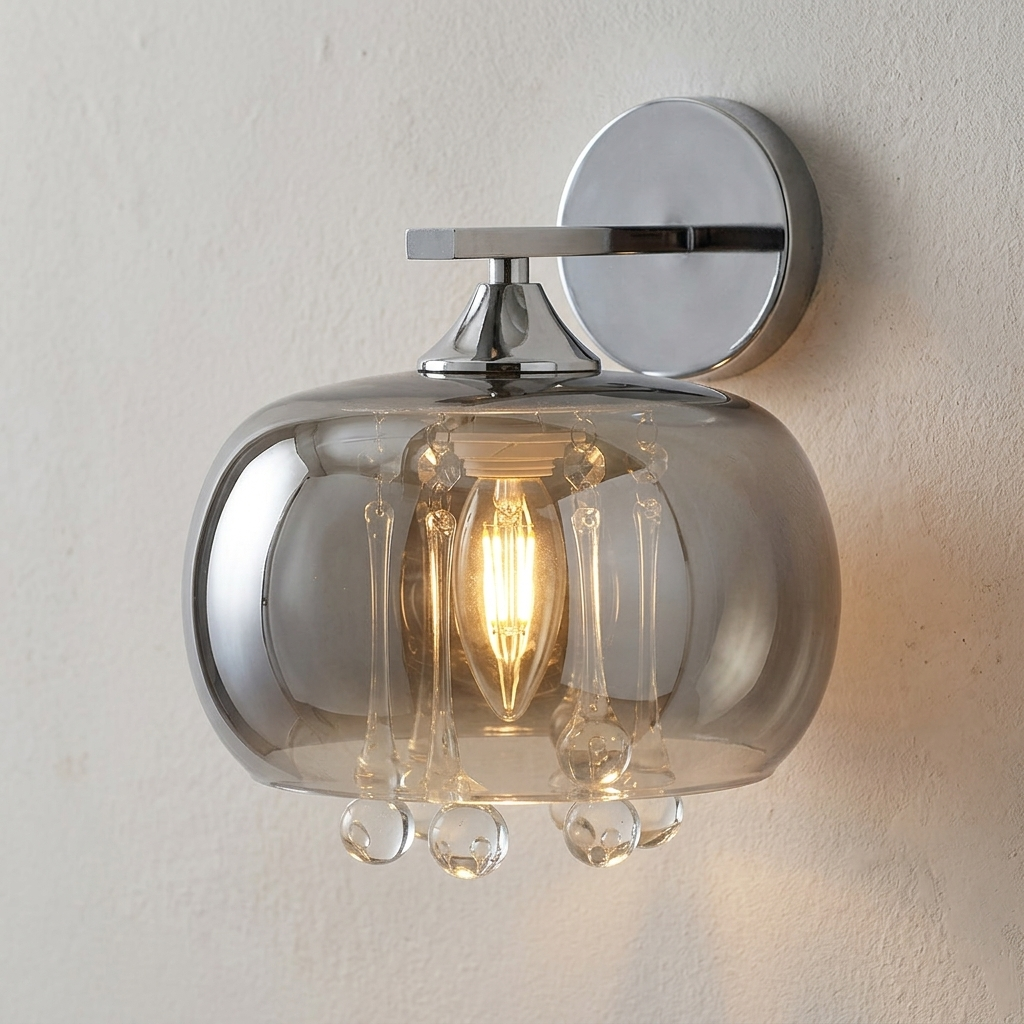download (78) Proudome Smokey Glass Wall Light with Hanging Crystals – Luxury Decorative Wall Lamp (Bulb Not Included) - Image 1