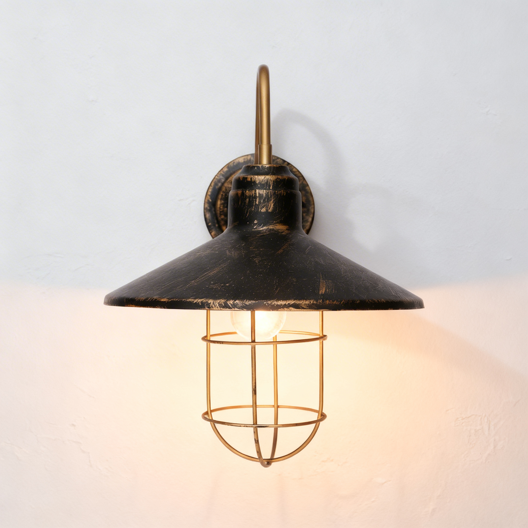 lights on Proudome Vintage Industrial Outdoor Wall Light – Metal Shade Cage Lantern for Patio, Balcony, Porch & Garden - Image 1