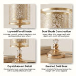 Proudome Gold Floral Print Table Lamp for Bedroom | Decorative Metal Bedside Night Lamp for Home Decor - Image 6