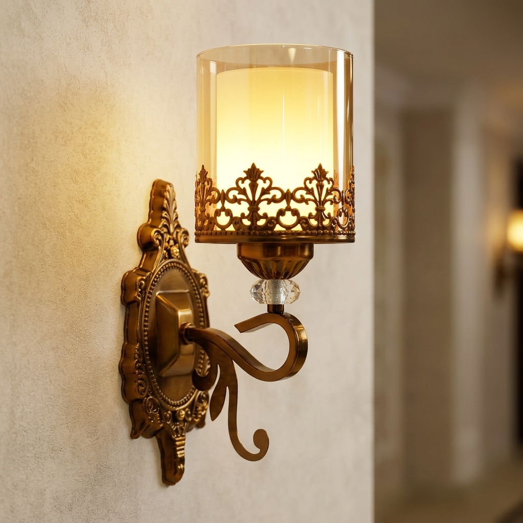 download - 2026-06-18T114829.100 Proudome Amber Glass Wall Light | Antique Gold Decorative Wall Lamp | Bulb Not Included - Image 1