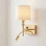 Proudome Fabric Shade Wall Light with LED Reading Light | Modern Gold Bedside Wall Lamp