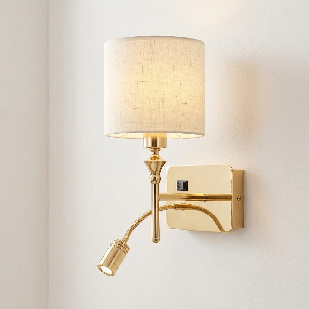 download - 2026-06-30T133919.869 Proudome Fabric Shade Wall Light with LED Reading Light | Modern Gold Bedside Wall Lamp - Image 1