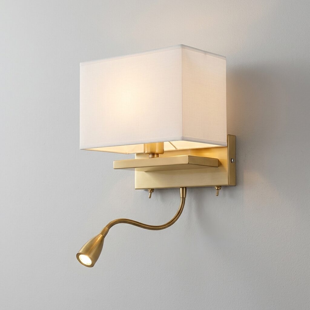 download - 2026-06-30T134133.073 Proudome Fabric Shade Wall Light with LED Reading Light | Modern Bedside Wall Lamp - Image 1