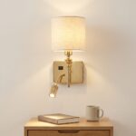 Proudome Fabric Shade Wall Light with LED Reading Light | Modern Gold Bedside Wall Lamp - Image 4